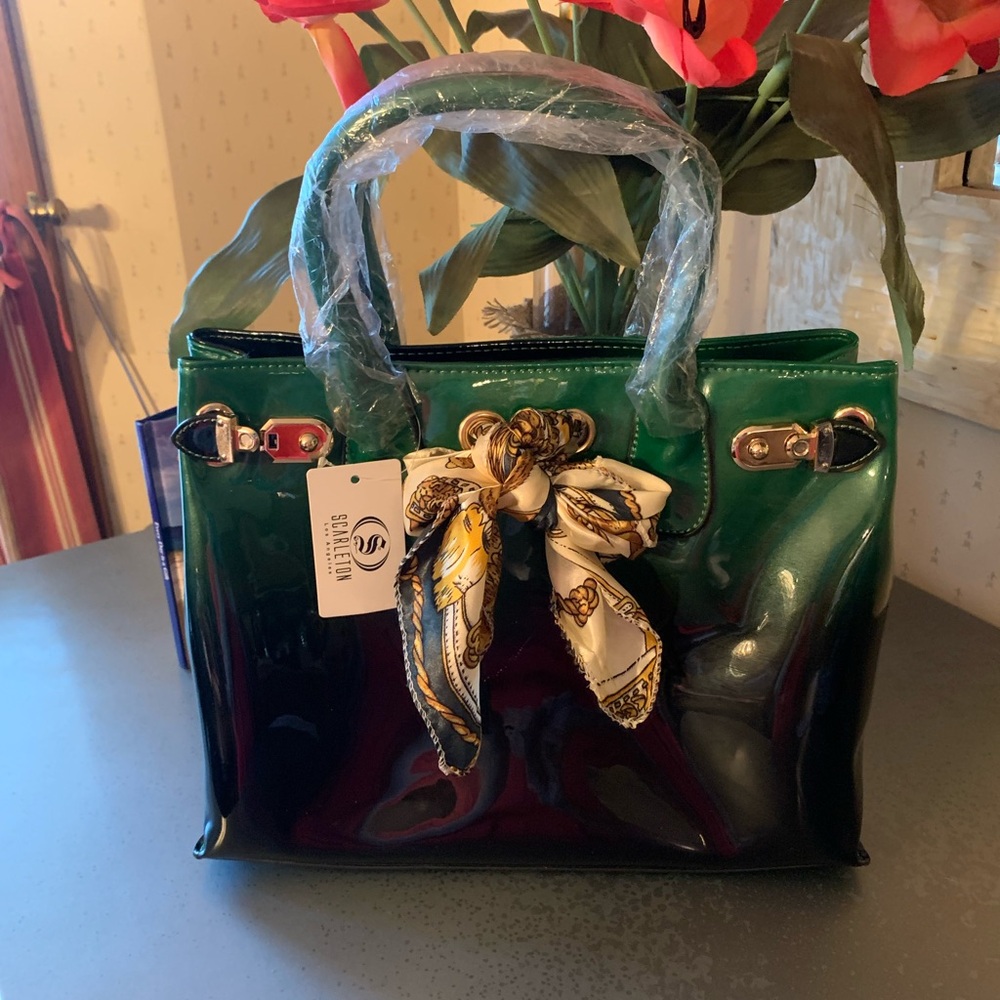 Scarlton purse, NEW WITH TAGS, 2 tone GREEN with scarf tie, footed, GOLD trim.